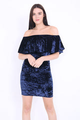 Crushed Velour Off The Shoulder Frill Bardot Dress