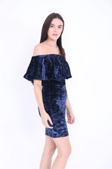 Crushed Velour Off The Shoulder Frill Bardot Dress