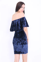 Crushed Velour Off The Shoulder Frill Bardot Dress