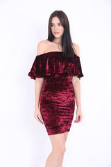 Crushed Velour Off The Shoulder Frill Bardot Dress