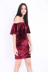 Crushed Velour Off The Shoulder Frill Bardot Dress