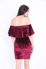 Crushed Velour Off The Shoulder Frill Bardot Dress