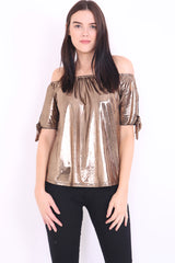 Metallic Bardot Top With Tie Knot Sleeve