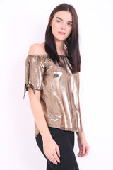 Metallic Bardot Top With Tie Knot Sleeve