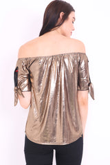 Metallic Bardot Top With Tie Knot Sleeve