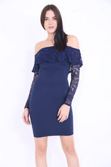 Bloemen kan kant met lange mouwen franje bardotjurk