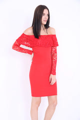 Bloemen kan kant met lange mouwen franje bardotjurk