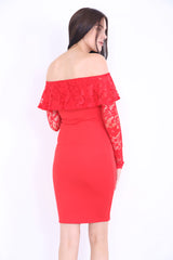 Bloemen kan kant met lange mouwen franje bardotjurk