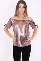 Metallic Bardot Top With Tie Knot Sleeve
