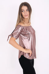 Metallic Bardot Top With Tie Knot Sleeve