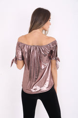 Metallic Bardot Top With Tie Knot Sleeve