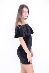 Crushed Velour Off The Shoulder Frill Bardot Dress