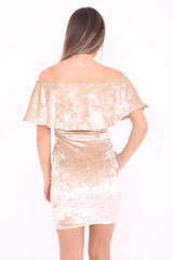 Crushed Velour Off The Shoulder Frill Bardot Dress