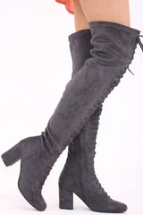 Faux Suede Over The Knee Lace Up Heeled Boots