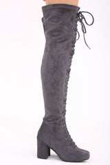 Faux Suede Over The Knee Lace Up Heeled Boots