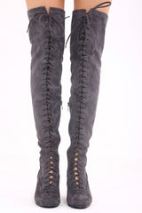 Faux Suede Over The Knee Lace Up Heeled Boots