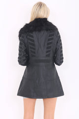 Faux Fur Collar Mesh Insert Long PU Jacket