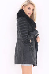 Faux Fur Collar Mesh Insert Long PU Jacket