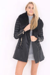 Faux Fur Collar Mesh Insert Long PU Jacket
