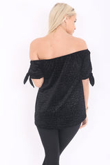 Croc Effect Tie Sleeve Velour Bardot Top