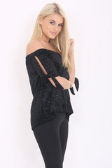Croc Effect Tie Sleeve Velour Bardot Top