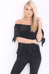 Croc Effect Tie Sleeve Velour Bardot Top
