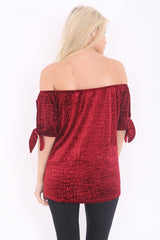 Croc Effect Tie Sleeve Velour Bardot Top