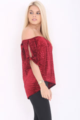 Croc Effect Tie Sleeve Velour Bardot Top