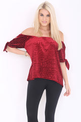 Croc Effect Tie Sleeve Velour Bardot Top