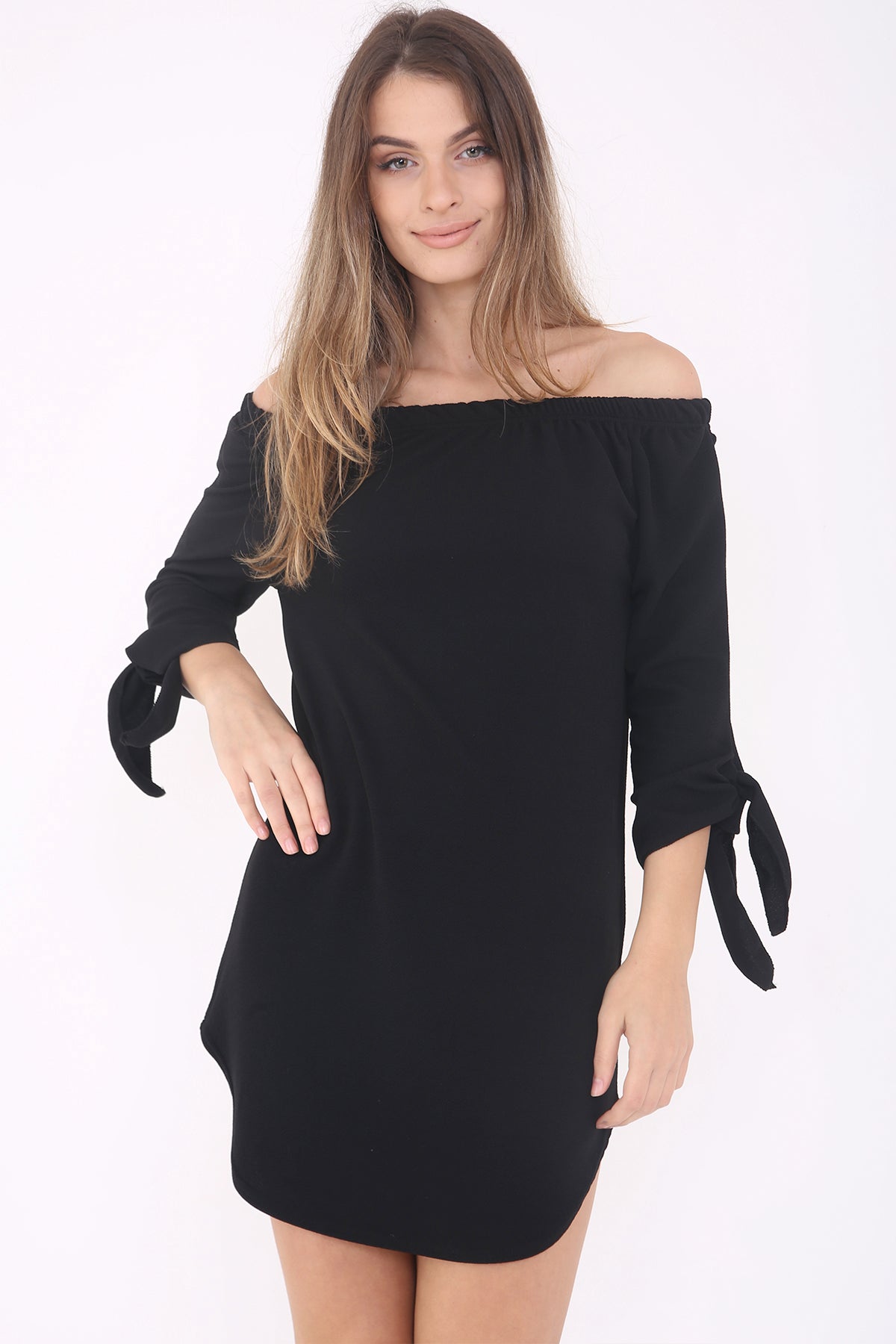 Ladies Clothing And Shoe Wholesaler Stylewise Direct UK Bardot Crepe Dress With Tie Sleeves Ladies Clothing And Shoe Wholesaler Stylewise Direct UK Bardot Crepe Dress With Tie Sleeves