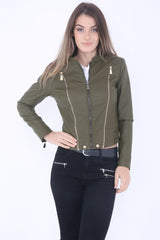 Triple Zip Detail Faux Leather Biker Jacket