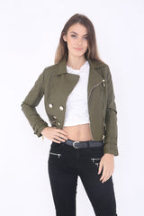 Double Zip Up Mock Button Faux Leather Biker Jacket
