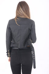 Double Zip Up Mock Button Faux Leather Biker Jacket