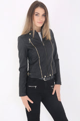 Triple Zip Detail Faux Leather Biker Jacket