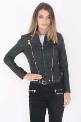 Triple Zip Detail Faux Leather Biker Jacket