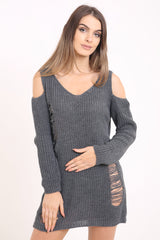 Koude schoudergescheurde ladder Distress gebreide trui