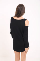 Koude schoudergescheurde ladder Distress gebreide trui