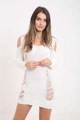 Koude schoudergescheurde ladder Distress gebreide trui