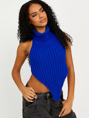 Halter Roll Neck Asymmetric Hem Knitted Crop Top