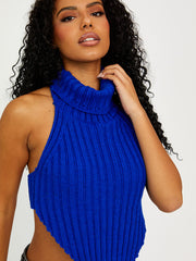 Halter Roll Neck Asymmetric Hem Knitted Crop Top