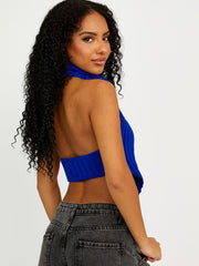Halter Roll Neck Asymmetric Hem Knitted Crop Top