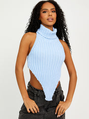 Halter Roll Neck Asymmetric Hem Knitted Crop Top