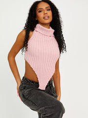 Halter Roll Neck Asymmetric Hem Knitted Crop Top