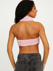 Halter Roll Neck Asymmetric Hem Knitted Crop Top