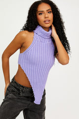 Halter Roll Neck Asymmetric Hem Knitted Crop Top