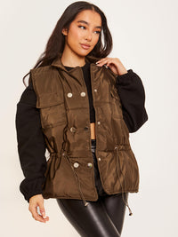 Silver Button Padded Gilet Waistcoat - Olive