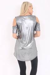 Metallic Cold Shoulder Dip Hem Top