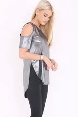 Metallic Cold Shoulder Dip Hem Top