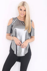 Metallic Cold Shoulder Dip Hem Top