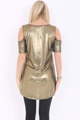 Metallic Cold Shoulder Dip Hem Top